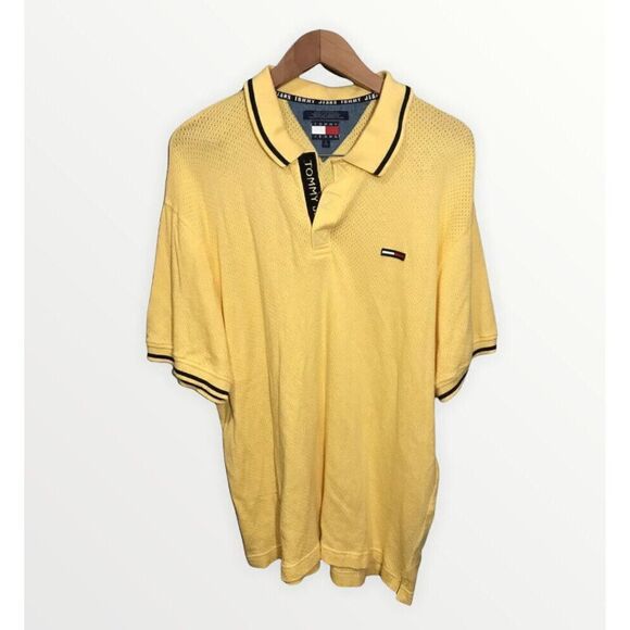 VINTAGE Tommy Jeans Mesh Polo Shirt‎ Spell Out Logo 90s Adult Lrg Yellow - Picture 1 of 6